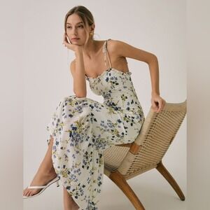 Floral White and Blue  Ruffle‎ Hem Sleeveless Maxi Dress Small